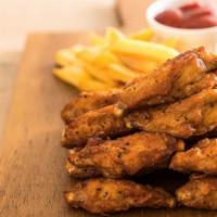 Buffalo Chicken Wings With Fries · Spicy buffalo sauce topped on oven-baked chicken wings served with fries.
