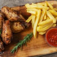 Chicken Wings With Fries · Fresh oven-baked chicken wings. Served with customers sauce served with fries.