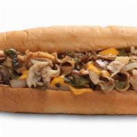 Big Chicken Cheesesteak · Sliced chicken, sautéed mushrooms, onions, bell peppers, and American cheese.