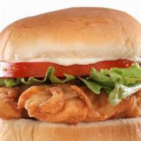 Hand-Breaded Chicken Tender Sandwich · Hand-breaded chicken tenders, topped with mayo, lettuce, and tomato on a steamed bun.