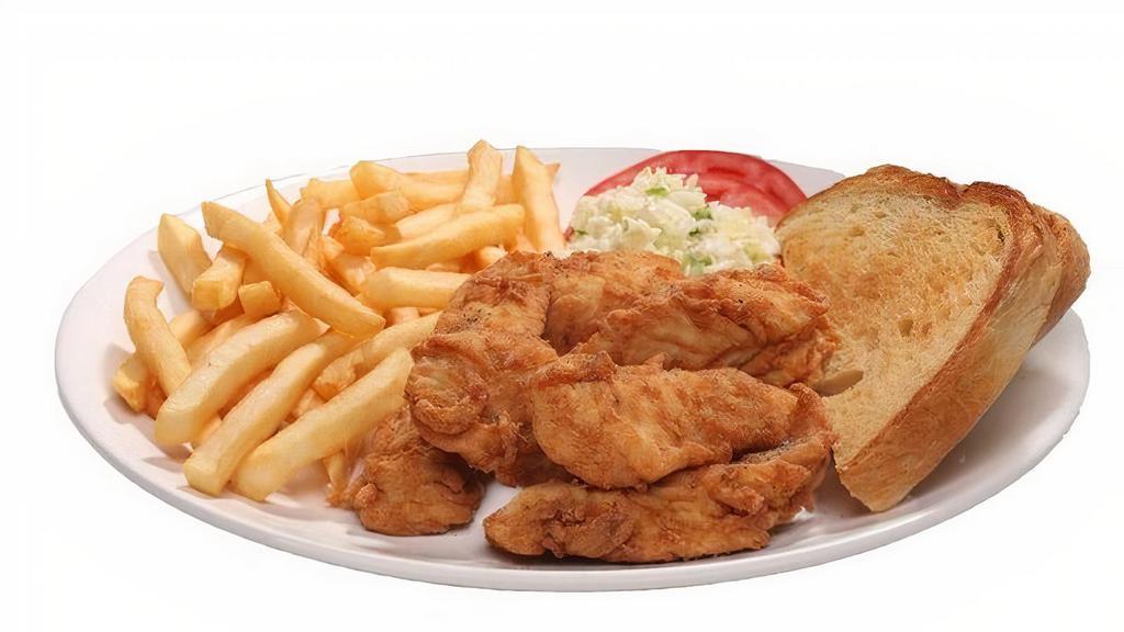 6 Hand-Breaded Tender Platter · 6 hand-breaded chicken tenders loaded with sautéed onions & peppers, served with fries or tots, slaw and grilled sourdough bread.