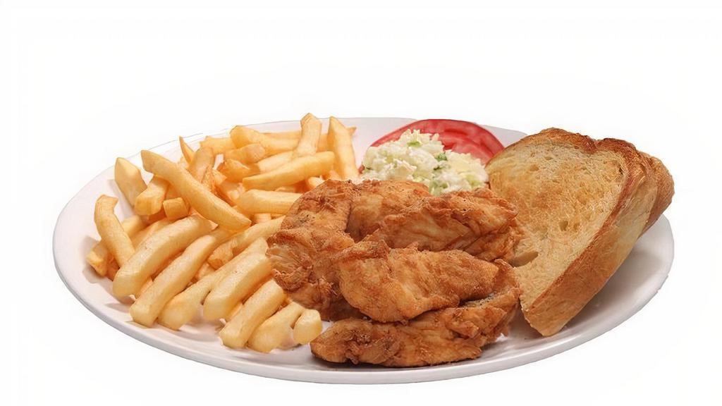 4 Hand-Breaded Tender Platter · 4 hand-breaded chicken tenders loaded with sautéed onions & peppers, served with fries or tots, slaw and grilled sourdough bread.