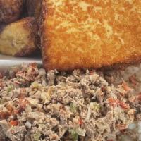 Salpicon · Chopped Cooked beef. 
Rice: Gallo pinto(rice and beans) or white rice
Side: sweet fried plan...