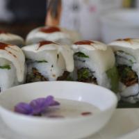 Ceviche Roll · Fried shallots, cilantro, steamed shrimp, daikon sprouts, and white fish on top with Peruvia...