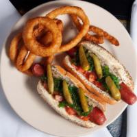 Vienna Chicago Dog · Two all-beef hot dogs on poppy seed bun piled high with sweet relish, onion, tomato, sport p...