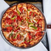 Supreme Pizza · Topped with classic combination of pepperoni, Italian sausage, green peppers and onions.

*C...
