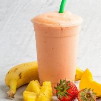 Hawaiian Cooler · Banana, strawberry, mango chunks, pineapple juice and 23 grms of strawberry whey protein. Se...