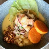 Ceviche Cremoso · Fish, shrimp, creamy leche de tigre, aji limo, sweet potato