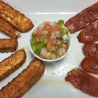 Queso Frito Y Chorizo · Fried cheese and sausage.