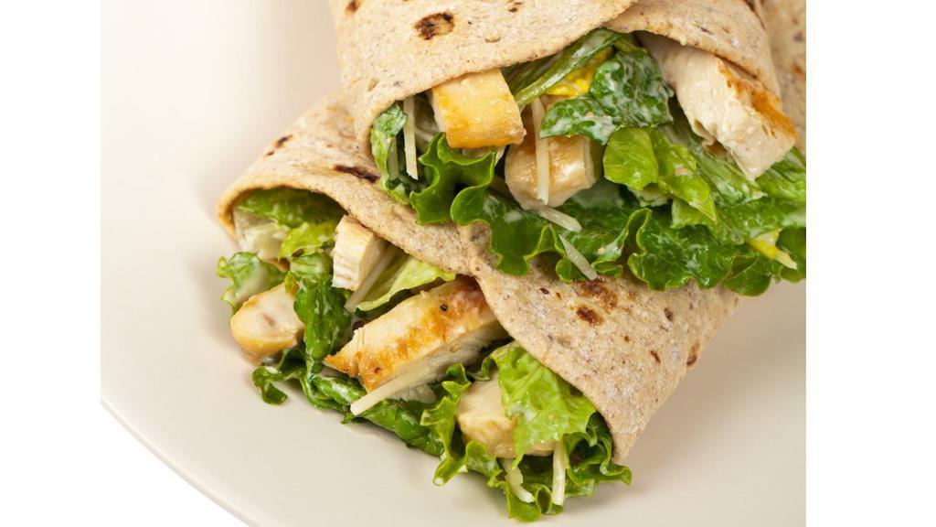 Grilled Chicken Caesar Salad Wrap · Grilled chicken with romaine lettuce and parmesan cheese wrapped in a warm tortilla with Caesar dressing.