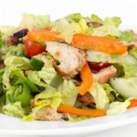 Medium Chicken Salad · Delicious medium sauce chicken salad on a bed of romaine lettuce, tomatoes, onions, mixed ch...