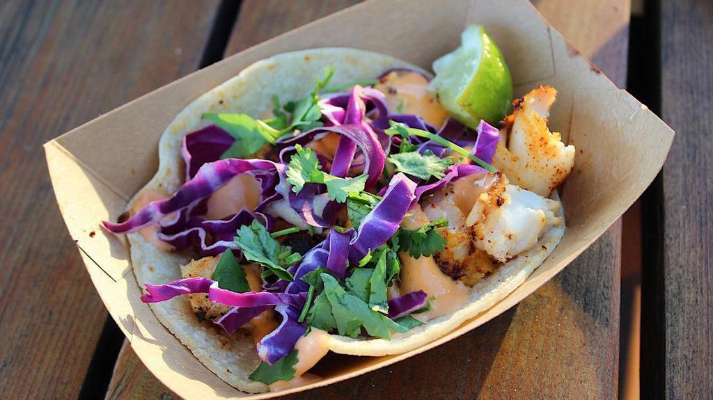 #7 Fish (Grilled) · Grilled cod, baja sauce, red cabbage, cilantro.