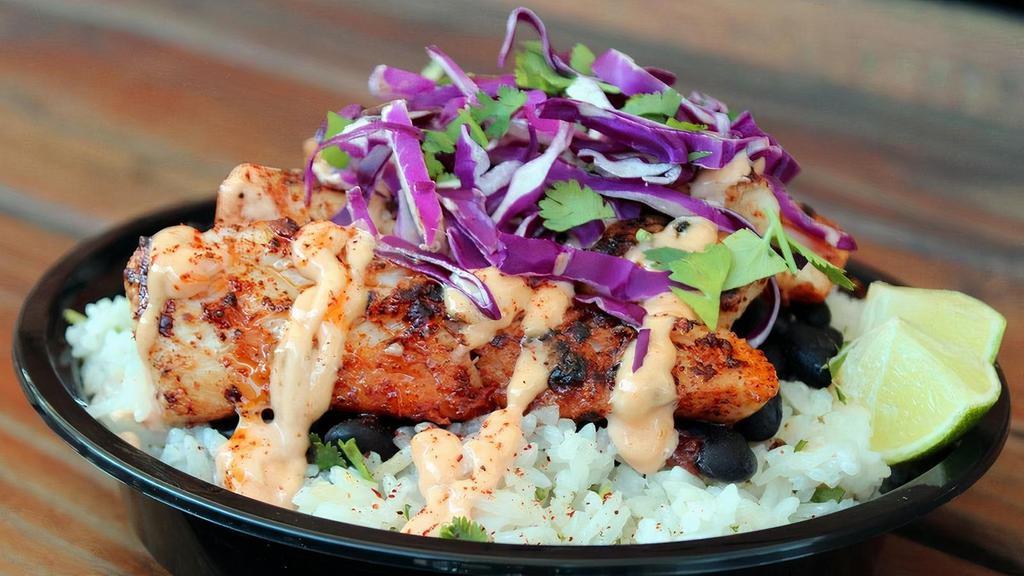 #7 Fish (Grilled) Bowl · Topped with grilled cod, baja sauce, red cabbage, cilantro.