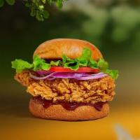 Smoked Chicken Sandwich  · Seasoned fried vegan chicken patty topped with melted vegan cheese, barbecue sauce, lettuce,...