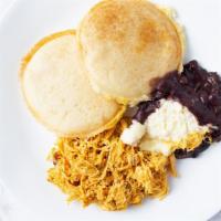 Desayuno Criollo · Carne Mechada, Caraotas, Queso, y 2 Arepas | Platter Of Shredded Beef, Black Beans, Cheese, ...