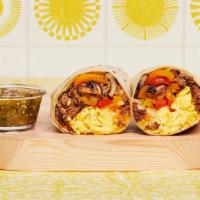 Philly Cheesesteak Breakfast Burrito · Two scrambled eggs, chopped steak, grilled onions and peppers, and melted cheese wrapped in ...