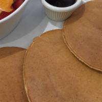 Pancake · soy free. Three pancakes made of our homemade batter of all organic wheat, coconut, garbanzo...