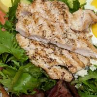 Cobb Salad · Mixed greens, bacon, grilled chicken, egg, tomatoes, avocado and blue cheese crumbles with r...