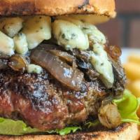 The Blue Moon Burger · Prime burger, lettuce, caramelized onions and blue cheese.