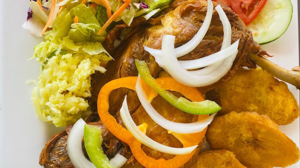 Chicken · Served with small side of salad rice and beans or white rice and pureed beans fried or boiled plantains and pikliz.
