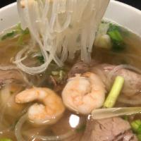 Clear Noodle Soup With Shrimp And Brisket · Clear noodle (also called glass noodle) in beef broth with 5 jumbo shrimps sliced beef brisk...