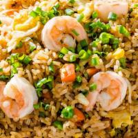 Shrimp Fried Rice · Large fried rice with shrimp, egg, jumbo onion, and peas and carrot.