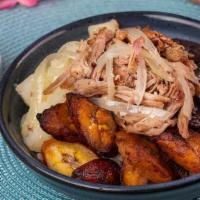 Traditional Cuban Bowl · White rice, black beans, yuca, sweet plantains, roasted pork, mojo vinaigrette