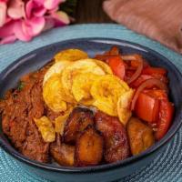Ropa Vieja Bowl · White rice, ropa vieja, sweet plantains, balsamic tomatoes, crispy plantain chips, cilantro ...