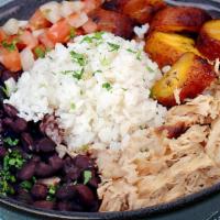 Roasted Chicken Bowl · Marinated Chicken, White Rice, Black Beans, Pico de Gallo, and Maduros.