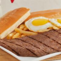 Bistec A Caballo · Two eggs, Steak, French Fries, Toast and Cafe con Leche.
