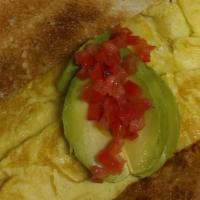 Avocado, Cheese & Tomato Omelette · Includes toast, home fries