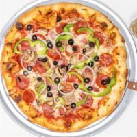 Deluxe · Pepperoni, sausage, ham, bacon, mushroom, onion, green pepper & black olives.
