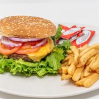 Cheeseburgers · Cheese, lettuce, tomato, onion & french fries