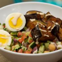 Mediterranean Salad · Chopped cucumbers, tomatoes, red onion, parsley, chickpeas, hard boiled egg, roasted eggplan...