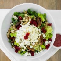 Kale Quinoa Salad · Quinoa, kale, romaine, beets, goat cheese, chopped dates, sliced almonds, raspberry walnut v...