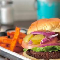 Falafel Burgers · Vegan. chickpea patty, vegan mayo, lettuce, tomato, pickles, red onion, side of tahini sauce