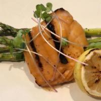 Miso Glazed Salmon · Gluten-free. grilled salmon, grilled asparagus. served with Jasmine rice