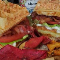 Waffle Blt · Our generous BLT is made with our house made waf?e, spread creamy mayonnaise. bacon, fresh l...