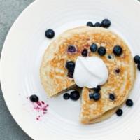Gluten Free Blueberry Pancakes · Fresh blueberries, real maple, syrup, butter.