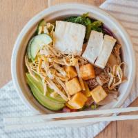 Vegan Poke Bowl · Tofu, Fried tofu, Tofu Skin,Grilled mushroom, edamame, seaweed salad, mango salsa, cucumber,...