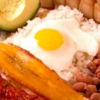 La Bandeja Paisa Real · Frijol, arroz blanco, chicharrón, carne molida, chorizo, huevo frito, platano frito, aguacat...