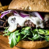 The Rocket Burger · Beef, homemade honey mustard, melted gruyer cheese, sliced red onions, arugula, and hass avo...