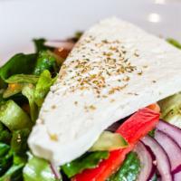 Greek Salad · Feta cheese, kalamata olives, cucumber, tomato, red onions, served with olive oil, lemon and...
