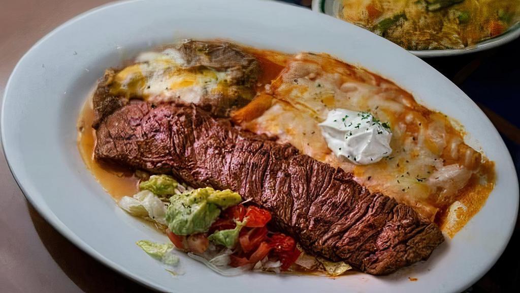 Carne Asada A La Tampiquena · A foot long Angus skirt steak charbroiled to taste accompanied with two cheese enchiladas suizas garnished with sour cream, served with Mexican rice, cheese topped refried beans, and house salad topped with guacamole.