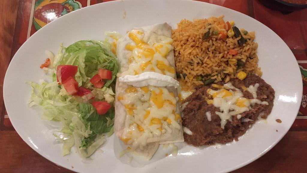 Burrito · A 10 inch flour tortilla with a spread of bean and stuffed with your choice of ground beef, shredded chicken, refried beans or veggies, topped with melted cheese and sour cream. Served with Mexican rice and refried beans.