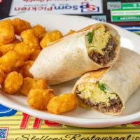 Breakfast Burrito · Three Eggs, Peppers, Onions, Choice of Sausage and American Cheese in a Jumbo Flour Tortilla
