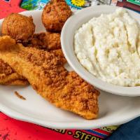 Fish & Grits · Flounder, Catfish or Cod Served Fried, Grilled or Blackened with Grits & Biscuits or Toast.