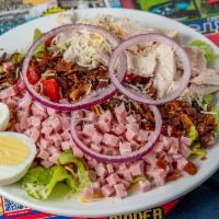 Chef'S Salad · Fresh Romaine Topped with Tomato, Red Onion, Bacon Crumbles, Diced Ham, Oven Roasted Turkey,...