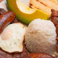 Bandeja Paisa · Meat (steak or ground beef) with pork rinds, egg, corn cake, sweet plantains, beans, colombi...