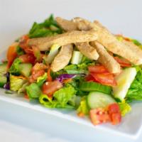 Vegan Chick'N Salad · Gardein brand Chick'n strips with Lemon Pepper seasoning over a house salad: Lettuce, tomato...
